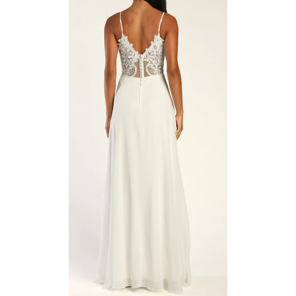 LULU'S SZ L Romantic Ways White Lace Button Back Bridal Maxi Dress NEW B131